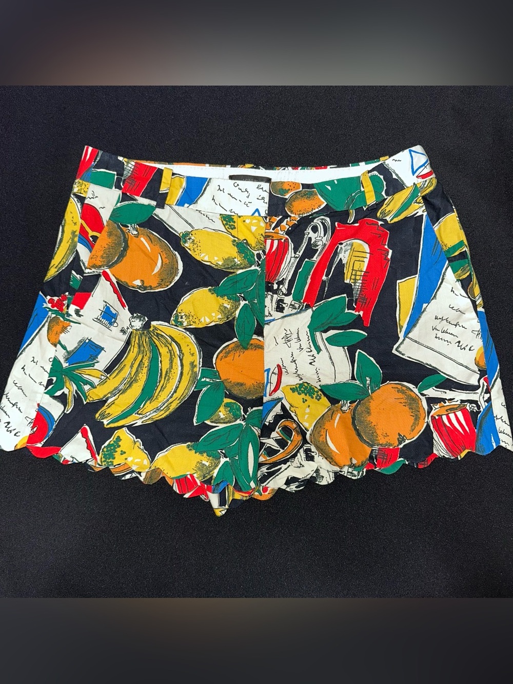 J. Crew Black Shorts with Vibrant Tropical Print and scalloped hem size 8